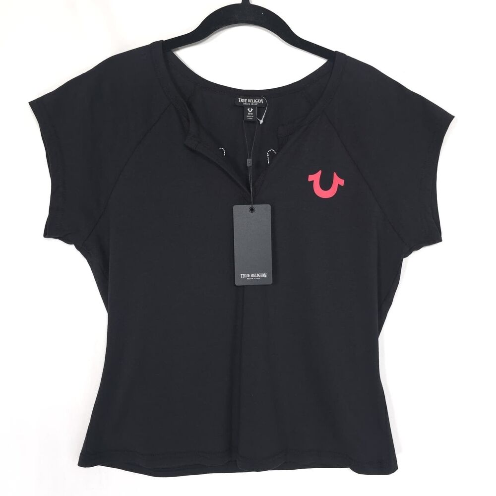 TRUE RELIGION Womens New T-Shirt Raglan Henley Logo Tee MEDIUM Jet Black 600250